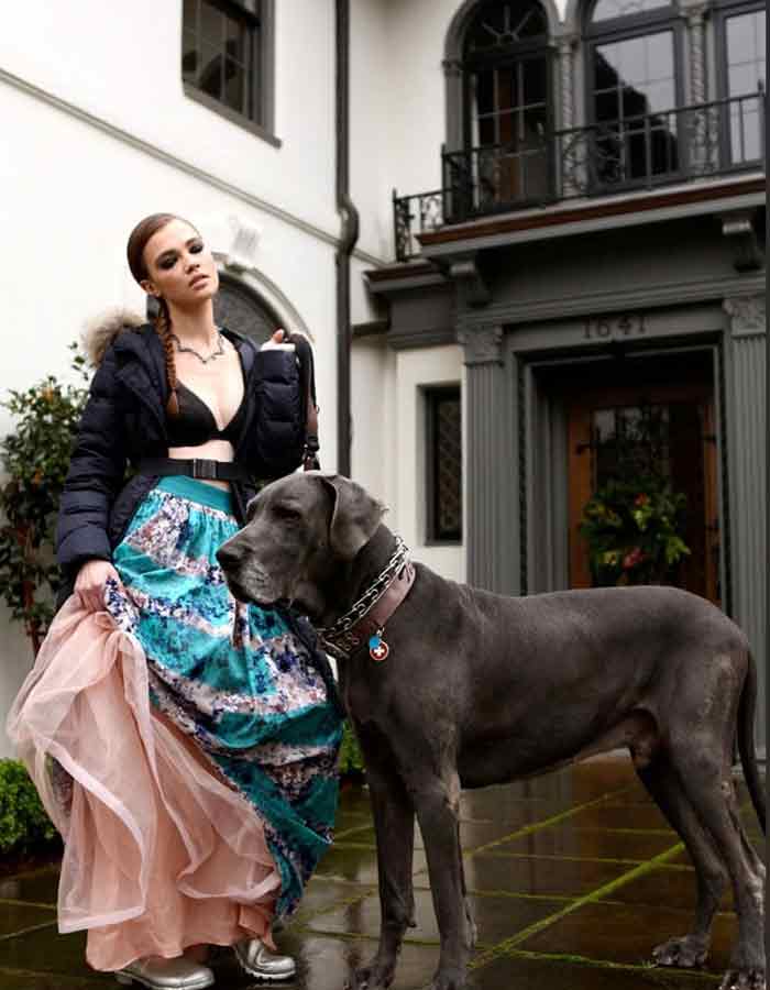 Anna Wong Stylist. Seattle wardrobe stylist.Seattle editorial stylist,Seattle commercial stylist, Elina with Titus,woman walking great dane.