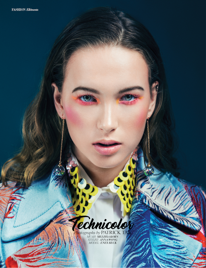 Anna Wong Stylist. Seattle wardrobe stylist.Seattle editorial stylist,Seattle commercial stylist,woman posing in Missoni feather print coat and Altuzarra paillete collared shirt, Technicolor editorial Elements magazine.