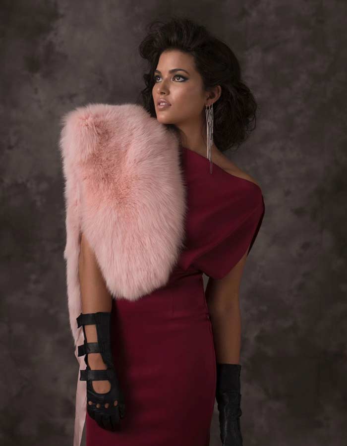 Anna Wong Stylist. Seattle wardrobe stylistSeattle editorial stylist,Seattle commercial stylist,woman in wine colored dress withleather gloves.