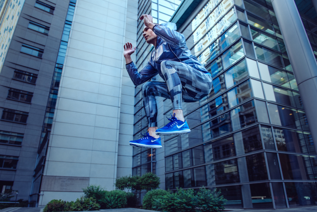 Anna Wong stylist. Male model jumping in athletic wear.Seattle wardrobe stylist.Seattle commercial stylist.editorial stylist seattle. seattle mens wardrobe stylist. 